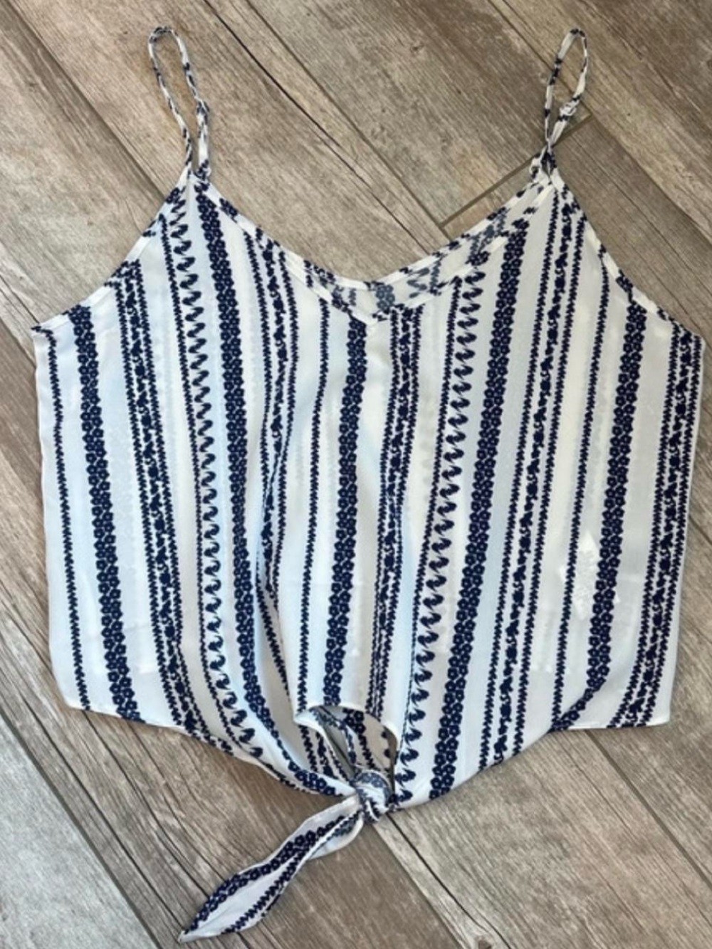 SHEIN White & Navy Striped Tie-Front Cami